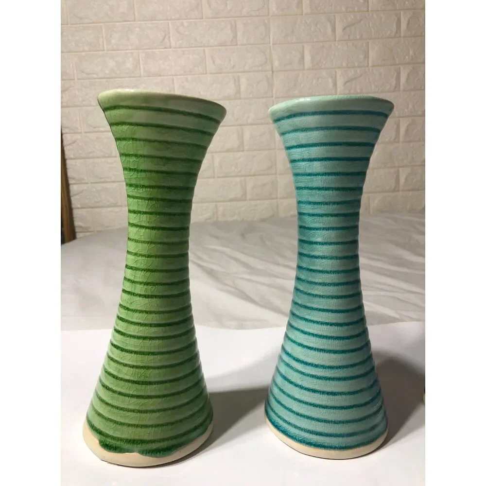 Pair Vintage IKEA Skamt Ceramic Taper Candle Holder Blue or Green Y2K Postmodern